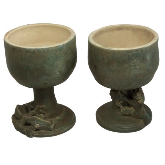 Vintage Art Pottery Signed Celadon Goblets With Lizards Amphibians Set of Two - Picture 1 of 7